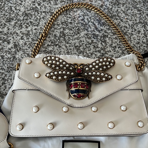 Gucci Queen Margaret Bee Bag Pearl Studded Broadway Flap Bag - Picture 2 of 4